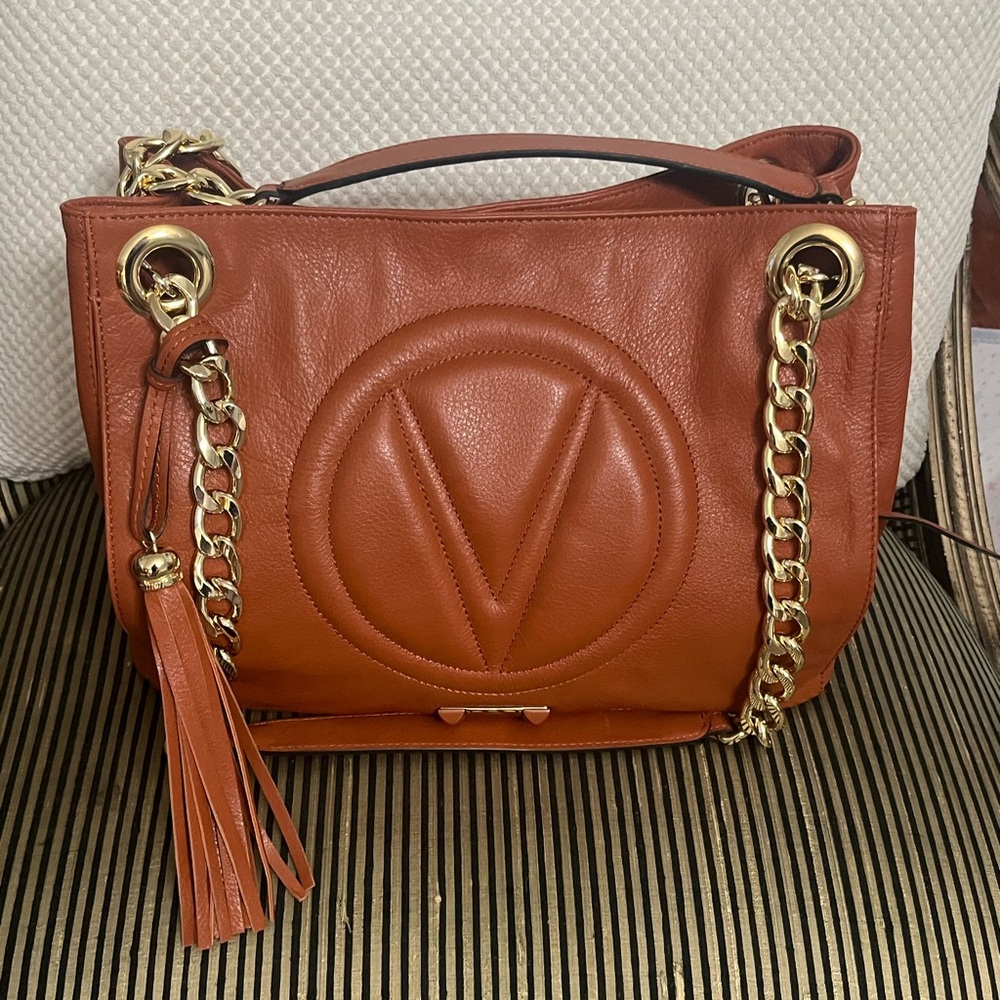 V-Emblem Tan Leather Shoulder Bag NWOT